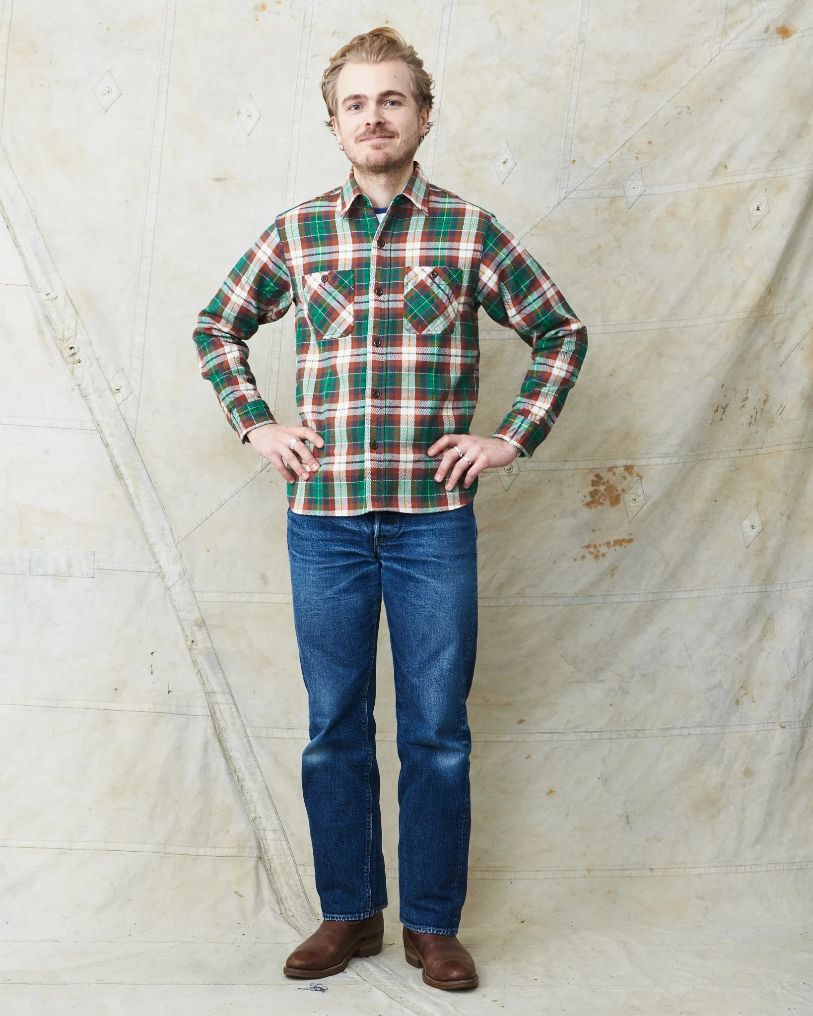 Sugar Cane & Co Twill Check Work Shirt Green SC29151