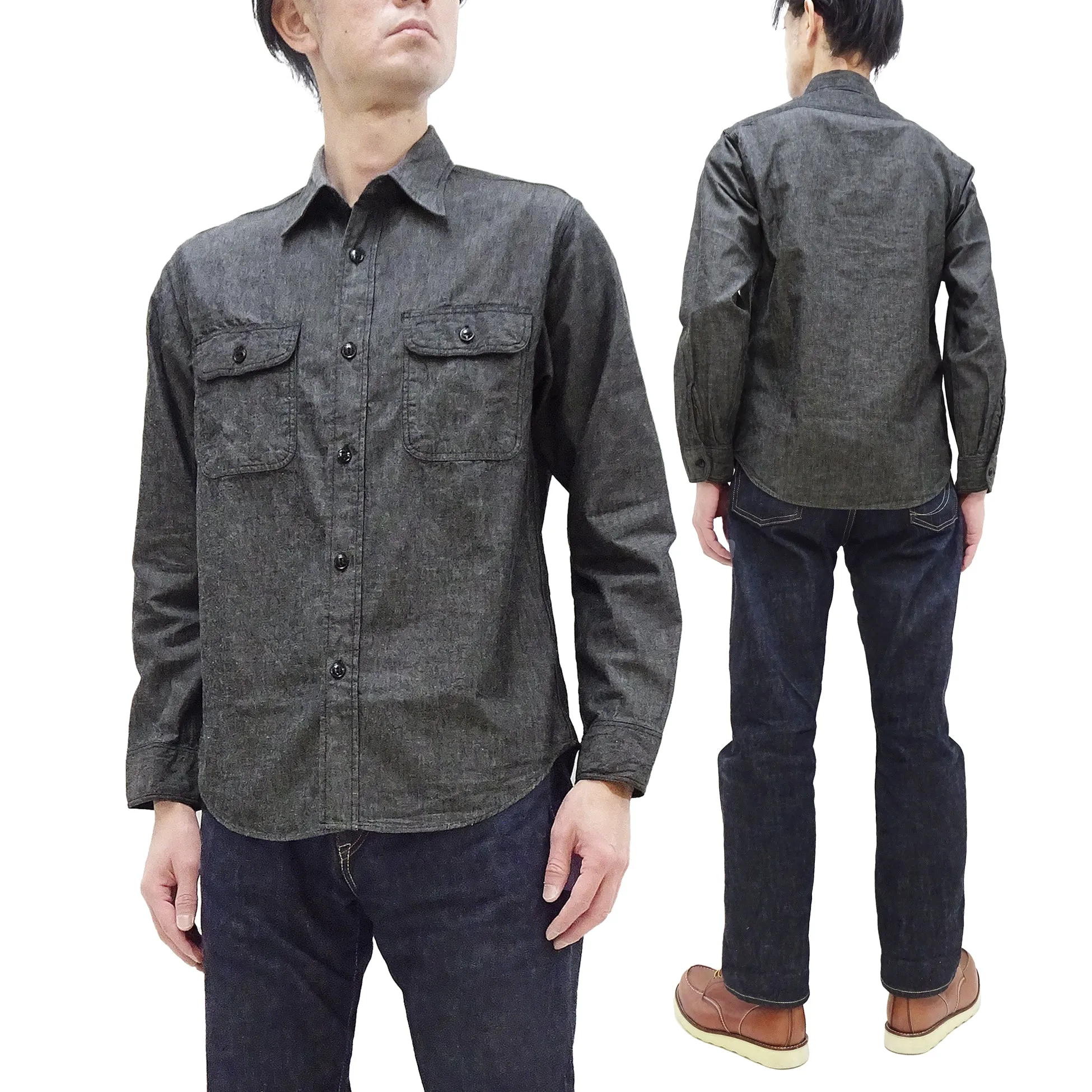 Sugar Cane Chambray Shirt Men's Lightweight Long Sleeve Button Up Plain Work Shirt SC29159 411 Black