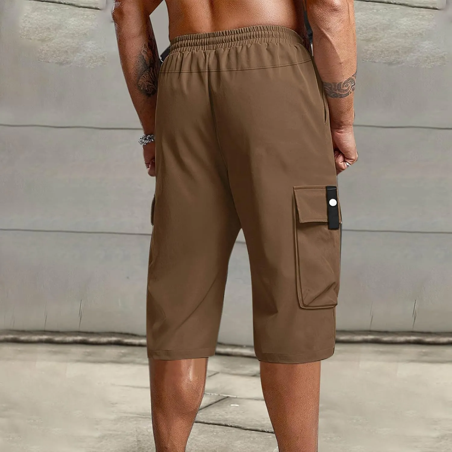 Summer Cargo Shorts for Men Elastic Drawstring Athletic Capri Pants Wide Leg Stretch Hiking Shorts with Multi Pockets