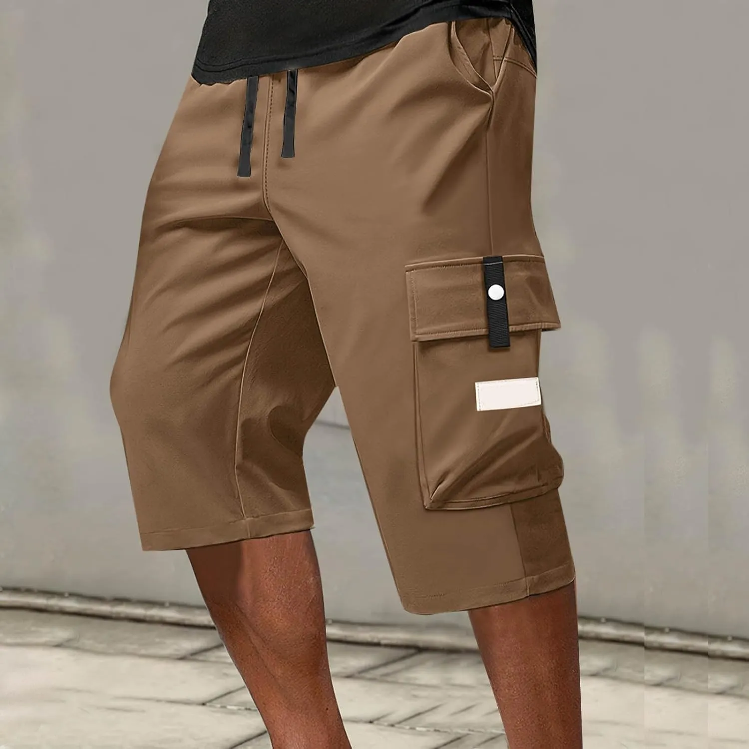 Summer Cargo Shorts for Men Elastic Drawstring Athletic Capri Pants Wide Leg Stretch Hiking Shorts with Multi Pockets