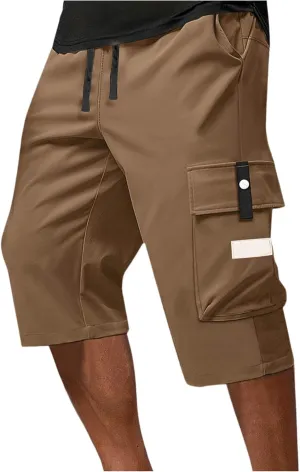 Summer Cargo Shorts for Men Elastic Drawstring Athletic Capri Pants Wide Leg Stretch Hiking Shorts with Multi Pockets
