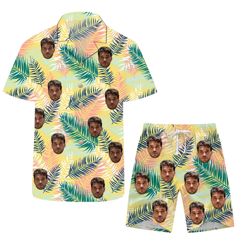 Summer Leaf Print Men's Short- Sleeved Shirts & Shorts Custom Suits