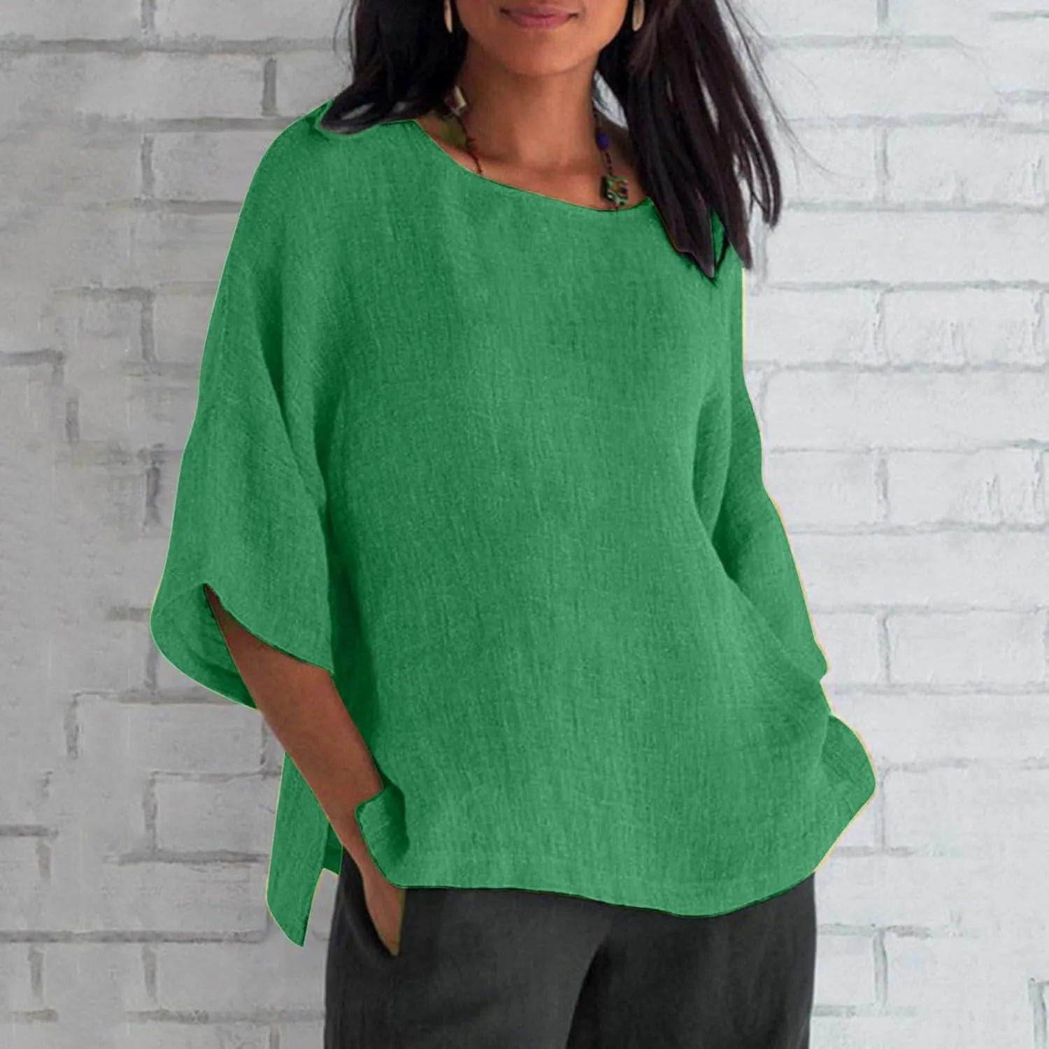 Summer Linen Tops Women Plus Size Casual Shirts 3/4 Sleeve Loose Tee Shirts Crew Neck Beach T-Shirts Oversized Blouse