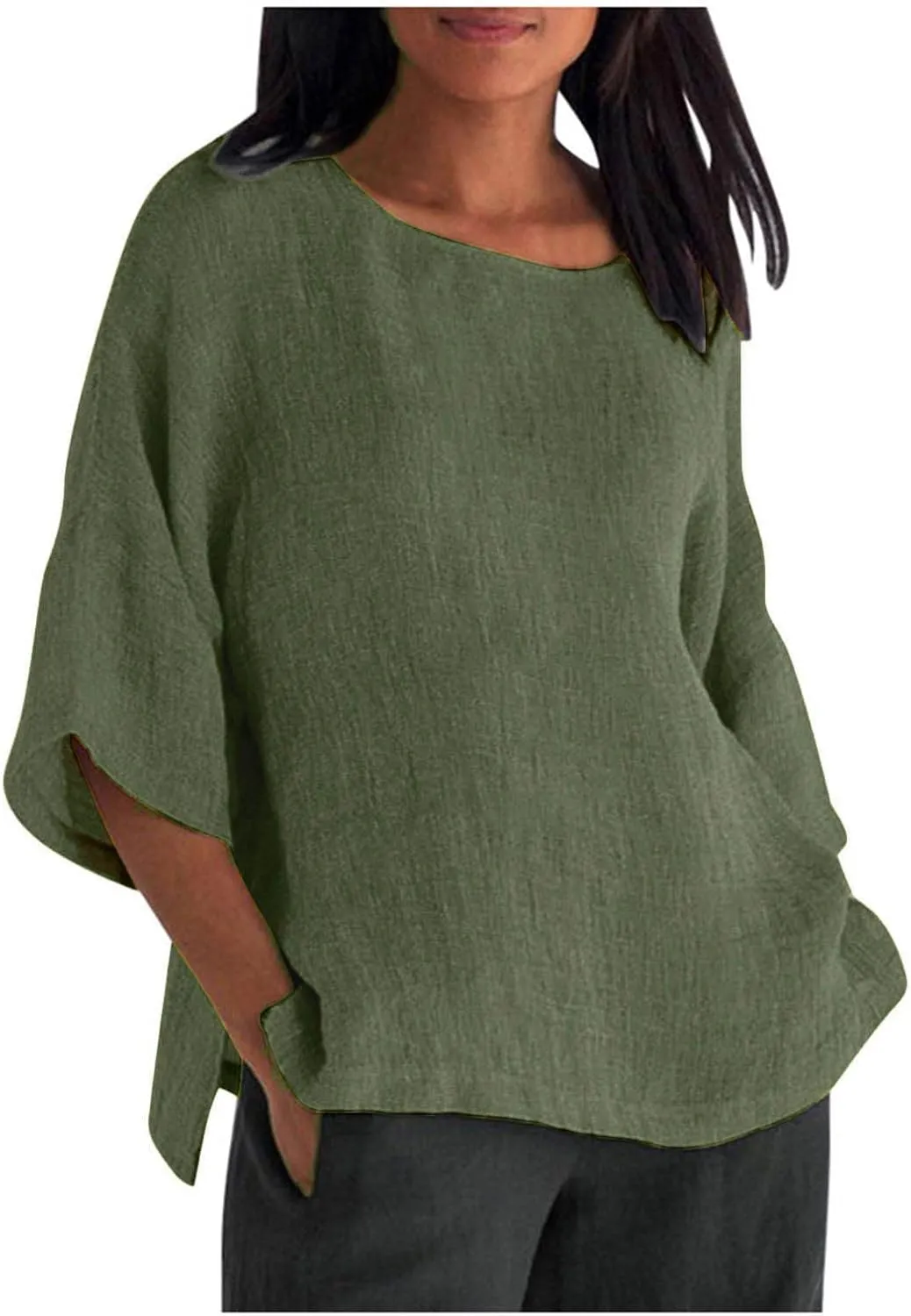Summer Linen Tops Women Plus Size Casual Shirts 3/4 Sleeve Loose Tee Shirts Crew Neck Beach T-Shirts Oversized Blouse