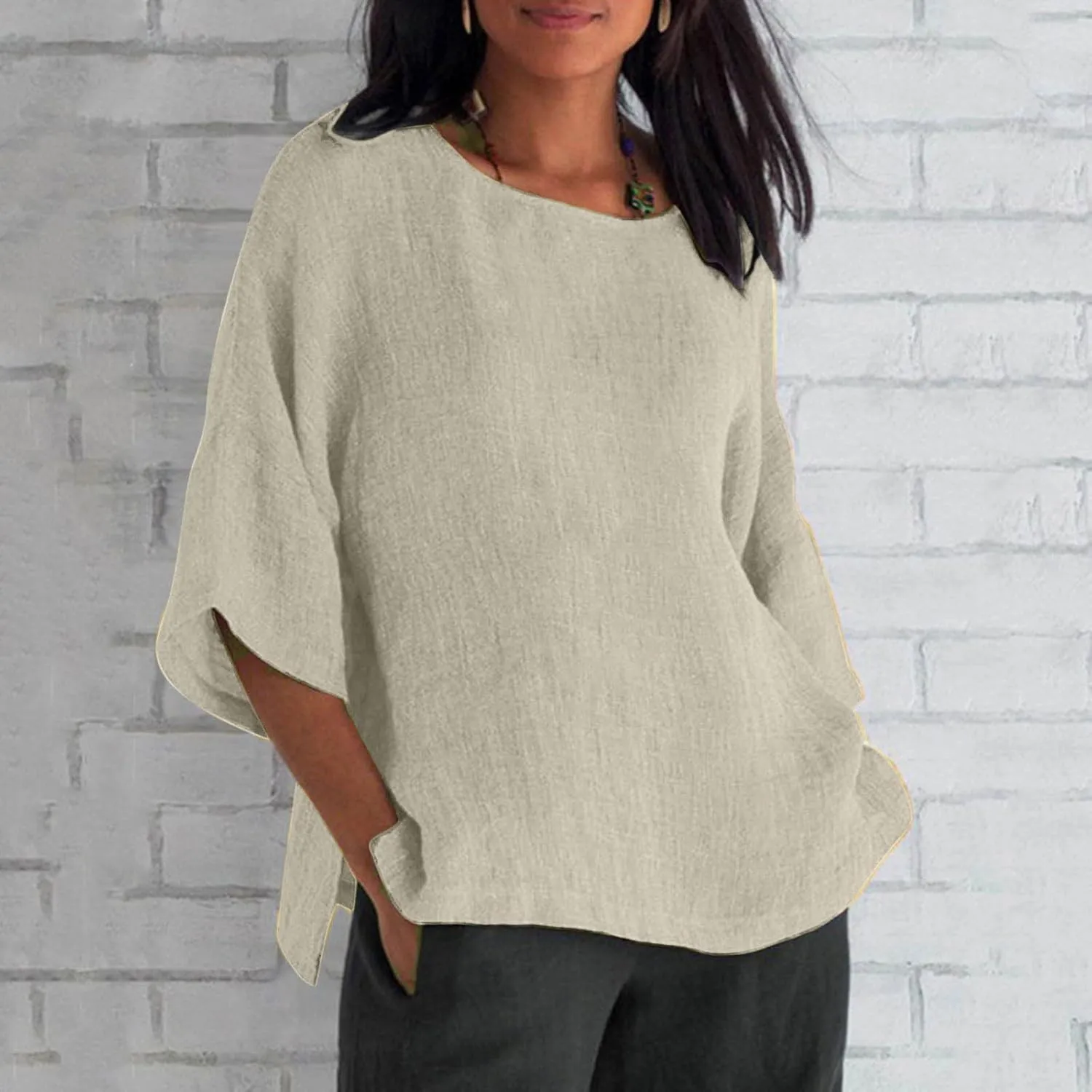 Summer Linen Tops Women Plus Size Casual Shirts 3/4 Sleeve Loose Tee Shirts Crew Neck Beach T-Shirts Oversized Blouse