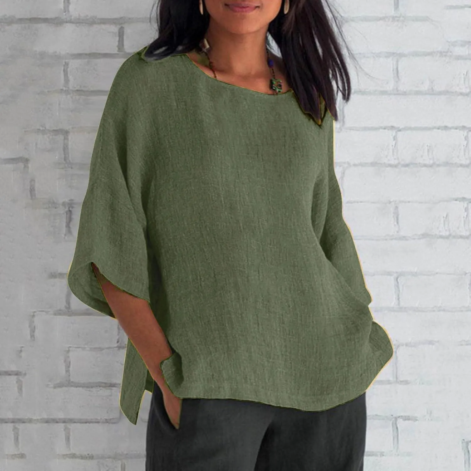 Summer Linen Tops Women Plus Size Casual Shirts 3/4 Sleeve Loose Tee Shirts Crew Neck Beach T-Shirts Oversized Blouse