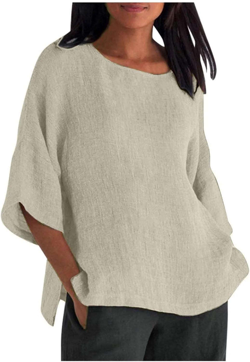 Summer Linen Tops Women Plus Size Casual Shirts 3/4 Sleeve Loose Tee Shirts Crew Neck Beach T-Shirts Oversized Blouse