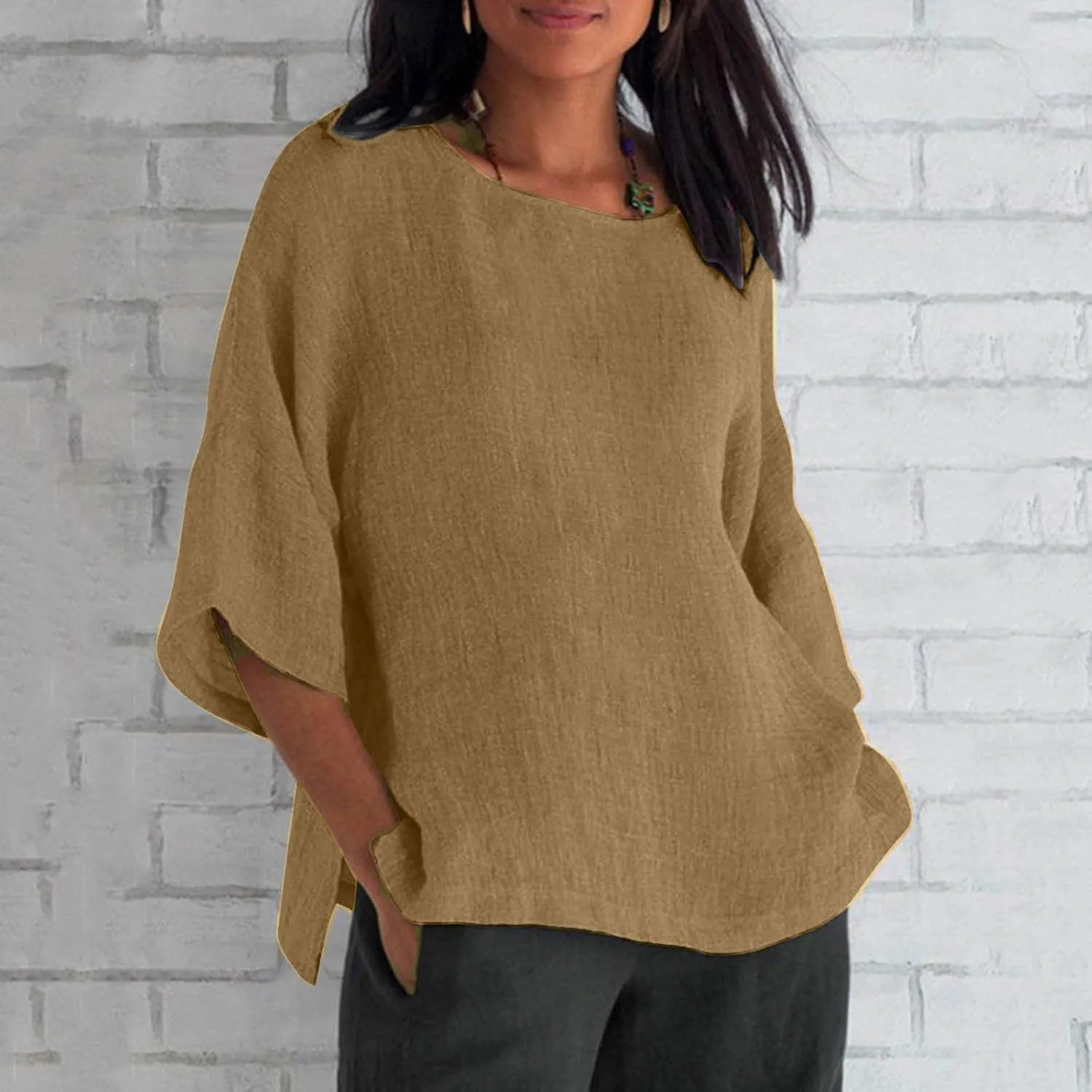 Summer Linen Tops Women Plus Size Casual Shirts 3/4 Sleeve Loose Tee Shirts Crew Neck Beach T-Shirts Oversized Blouse