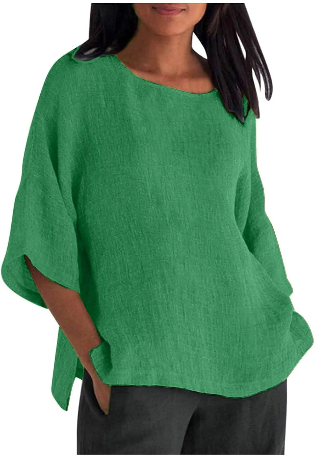 Summer Linen Tops Women Plus Size Casual Shirts 3/4 Sleeve Loose Tee Shirts Crew Neck Beach T-Shirts Oversized Blouse