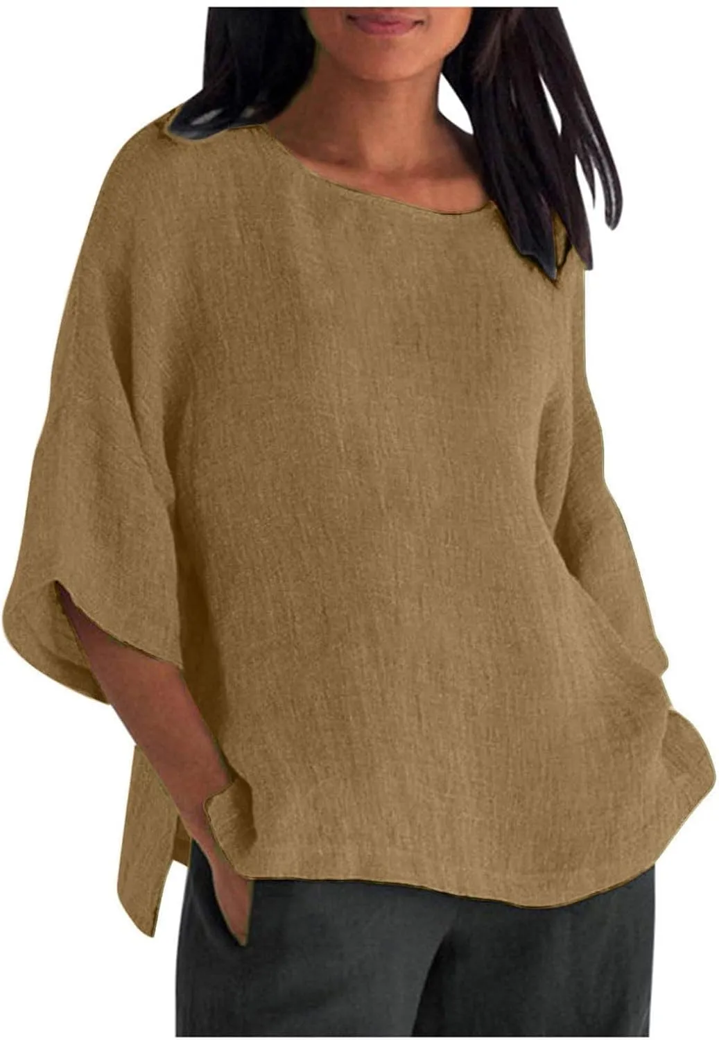 Summer Linen Tops Women Plus Size Casual Shirts 3/4 Sleeve Loose Tee Shirts Crew Neck Beach T-Shirts Oversized Blouse