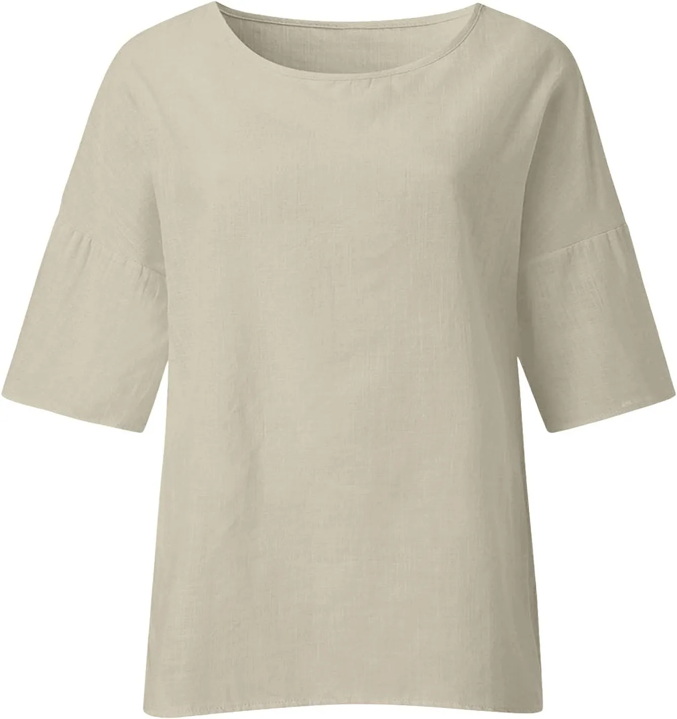 Summer Linen Tops Women Plus Size Casual Shirts 3/4 Sleeve Loose Tee Shirts Crew Neck Beach T-Shirts Oversized Blouse