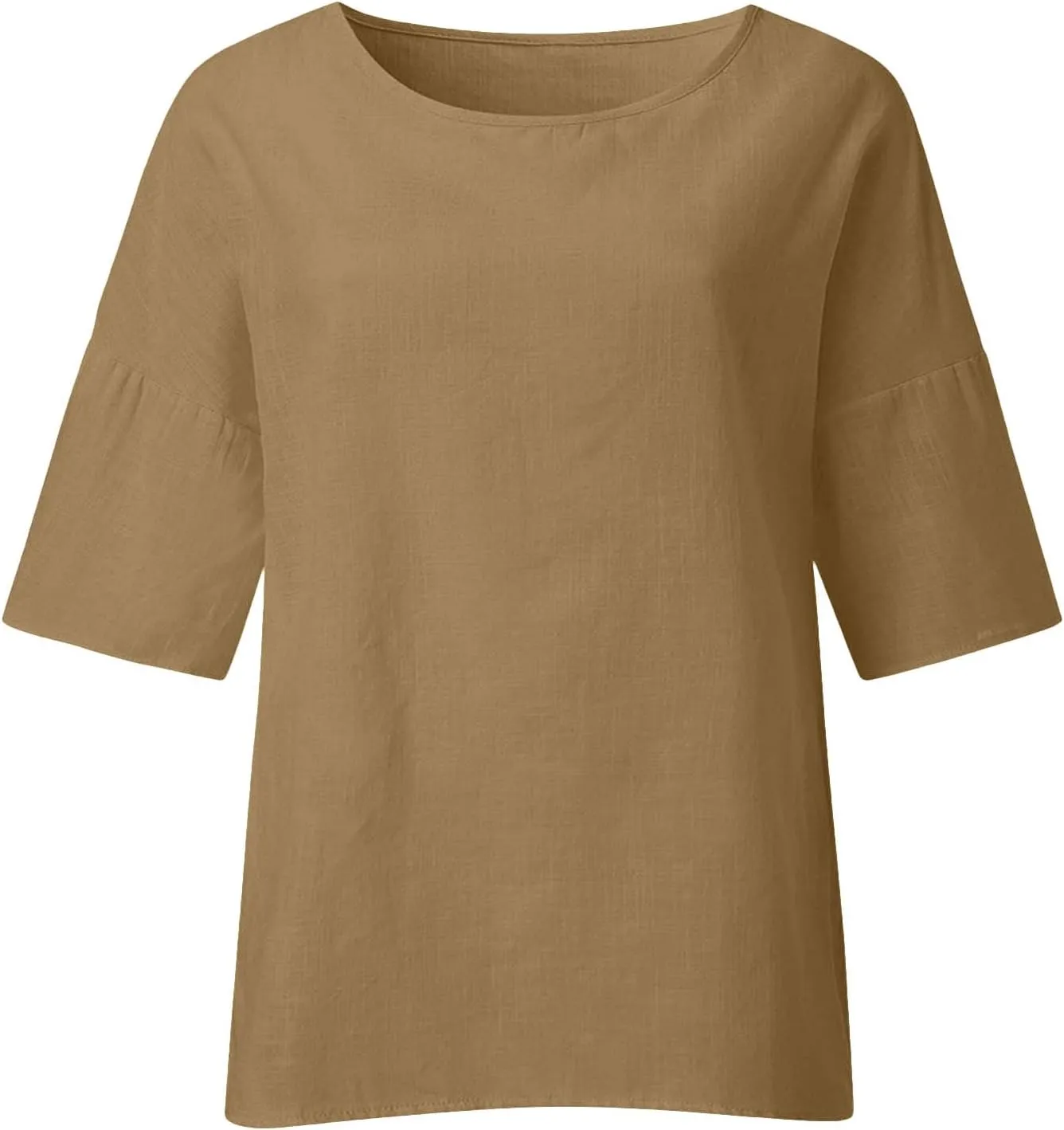 Summer Linen Tops Women Plus Size Casual Shirts 3/4 Sleeve Loose Tee Shirts Crew Neck Beach T-Shirts Oversized Blouse