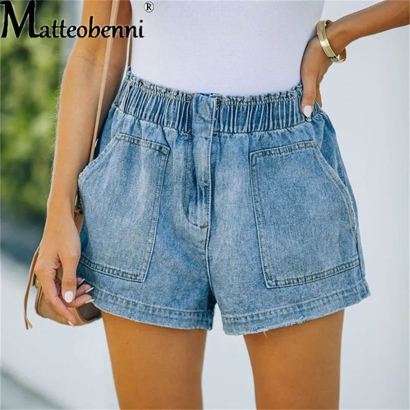 Summer New Blue Women's Denim Shorts High Waisted Pocket Jeans Shorts Casual Elastic Waist
