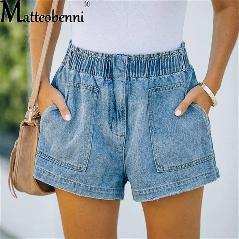 Summer New Blue Women's Denim Shorts High Waisted Pocket Jeans Shorts Casual Elastic Waist