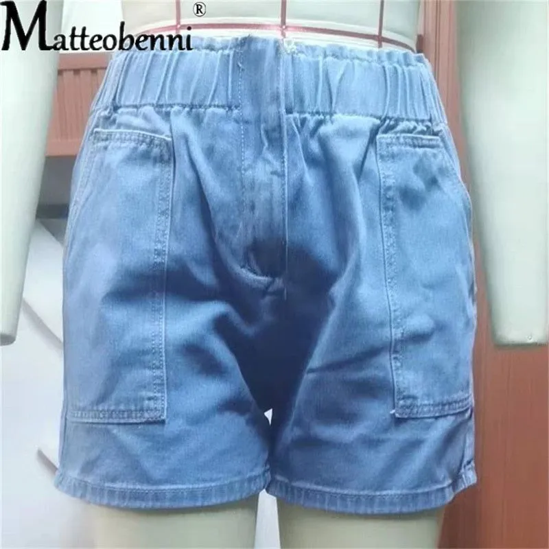 Summer New Blue Women's Denim Shorts High Waisted Pocket Jeans Shorts Casual Elastic Waist