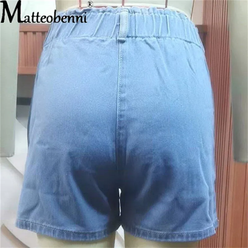 Summer New Blue Women's Denim Shorts High Waisted Pocket Jeans Shorts Casual Elastic Waist
