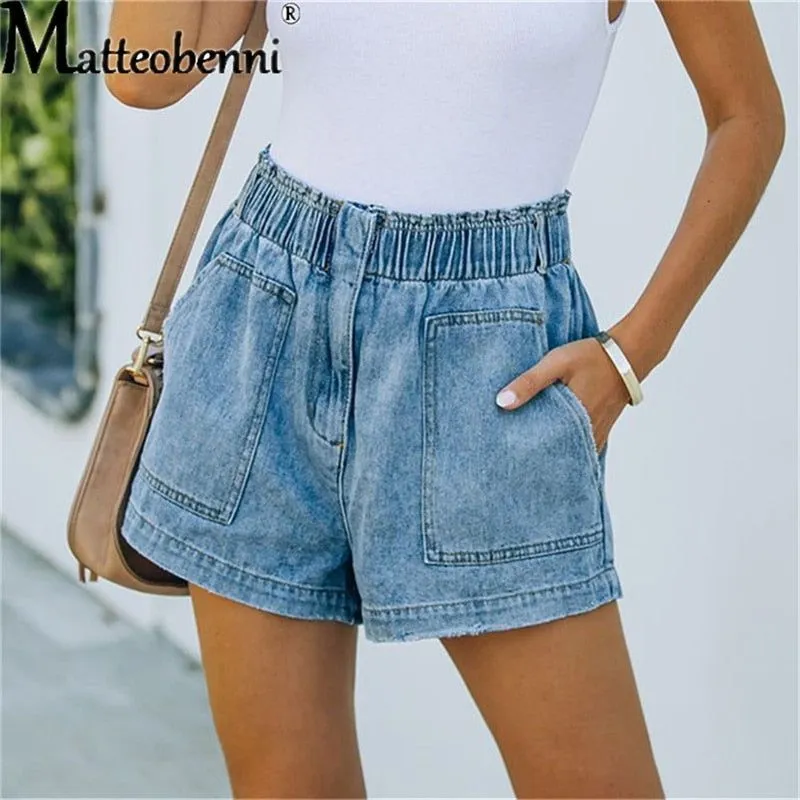 Summer New Blue Women's Denim Shorts High Waisted Pocket Jeans Shorts Casual Elastic Waist