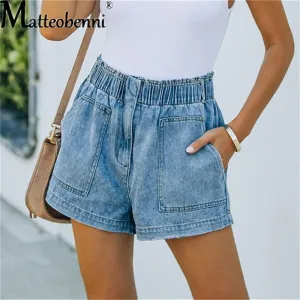 Summer New Blue Women's Denim Shorts High Waisted Pocket Jeans Shorts Casual Elastic Waist