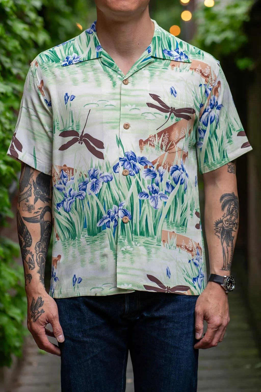 Sun Surf Rayon Hawaiian Shirt "Iris & Dragonfly" - Brown