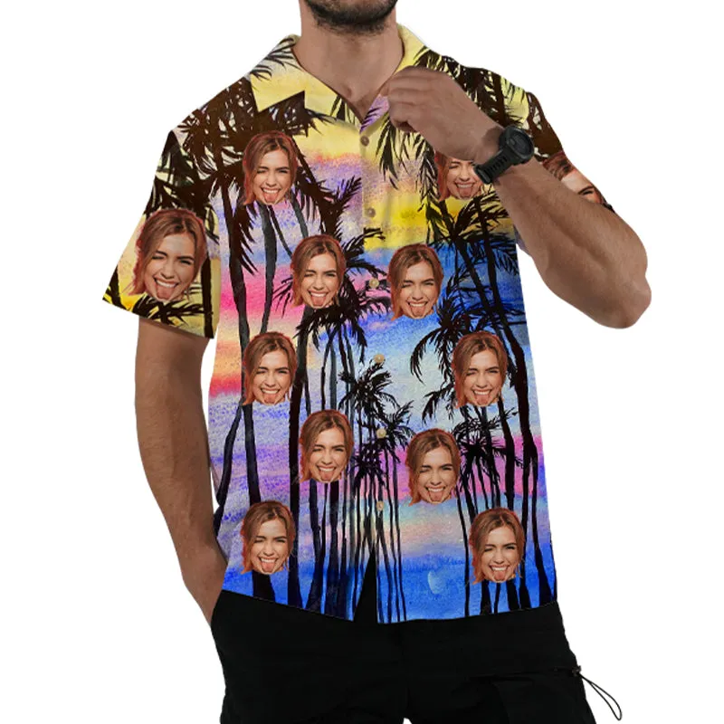 Sunset Coconut Print Men's Hawaiian Shirt Custom Face Summer Short Sleeve Summer Top