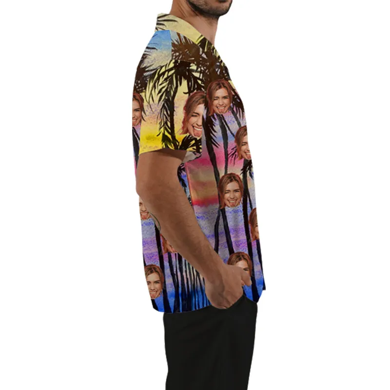 Sunset Coconut Print Men's Hawaiian Shirt Custom Face Summer Short Sleeve Summer Top