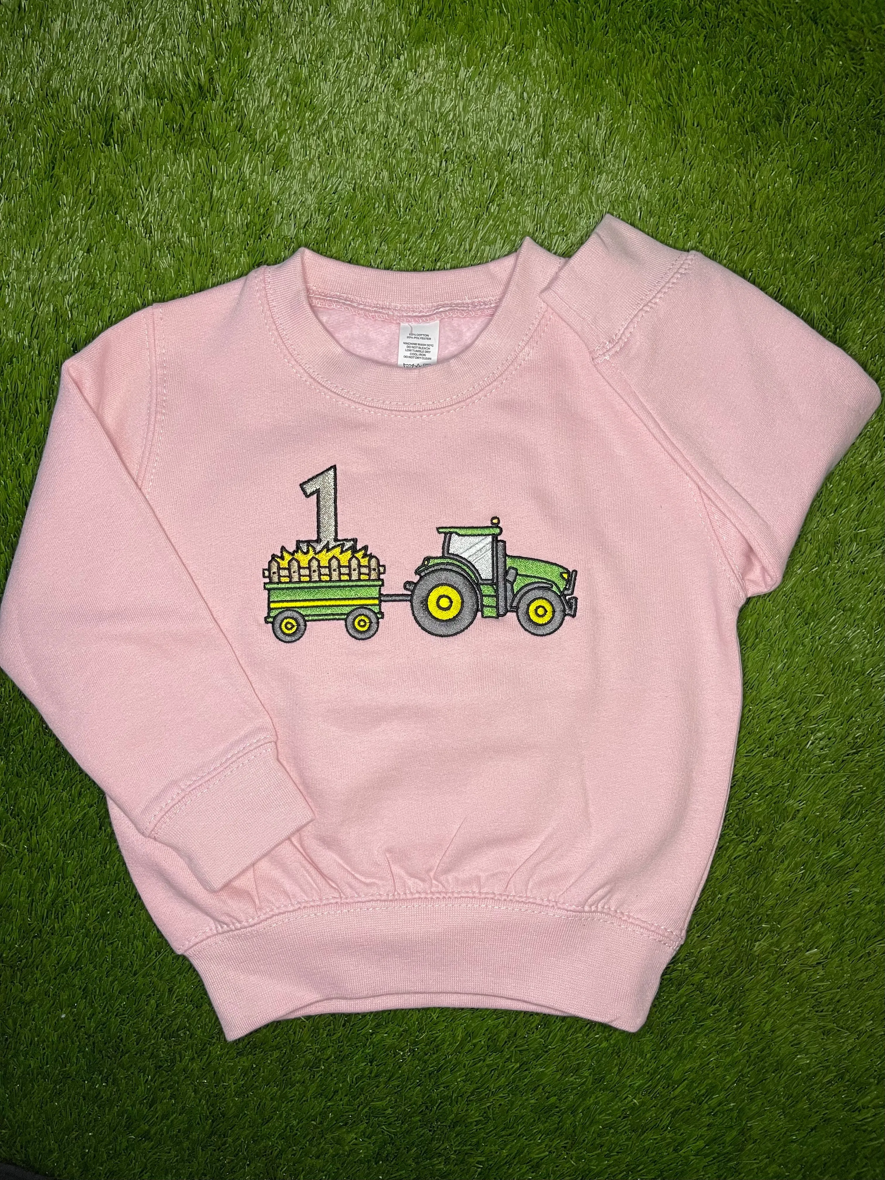 Sustainable Sweatshirts Embroidered With Birthday Tractor & Trailer Design.