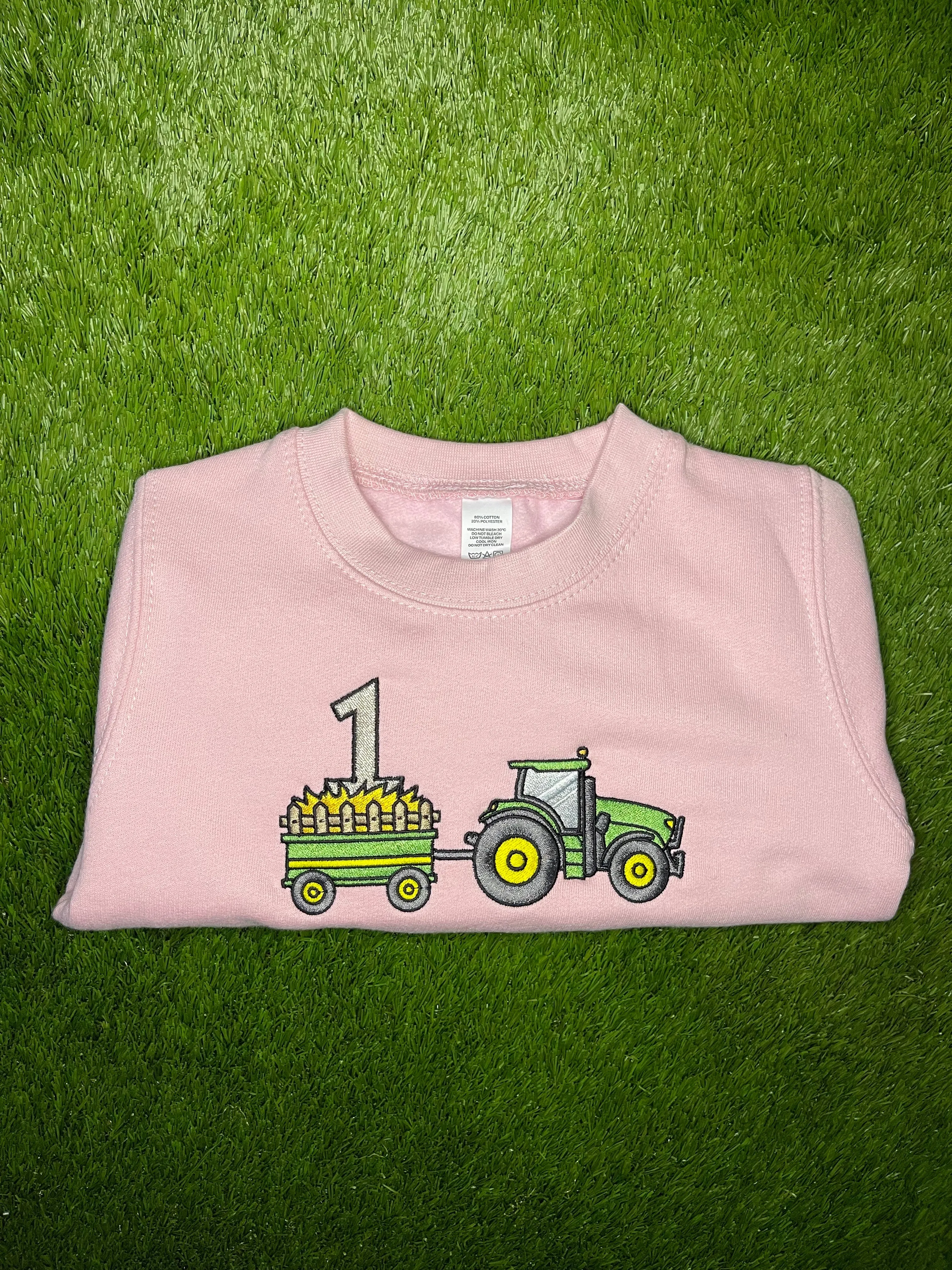 Sustainable Sweatshirts Embroidered With Birthday Tractor & Trailer Design.