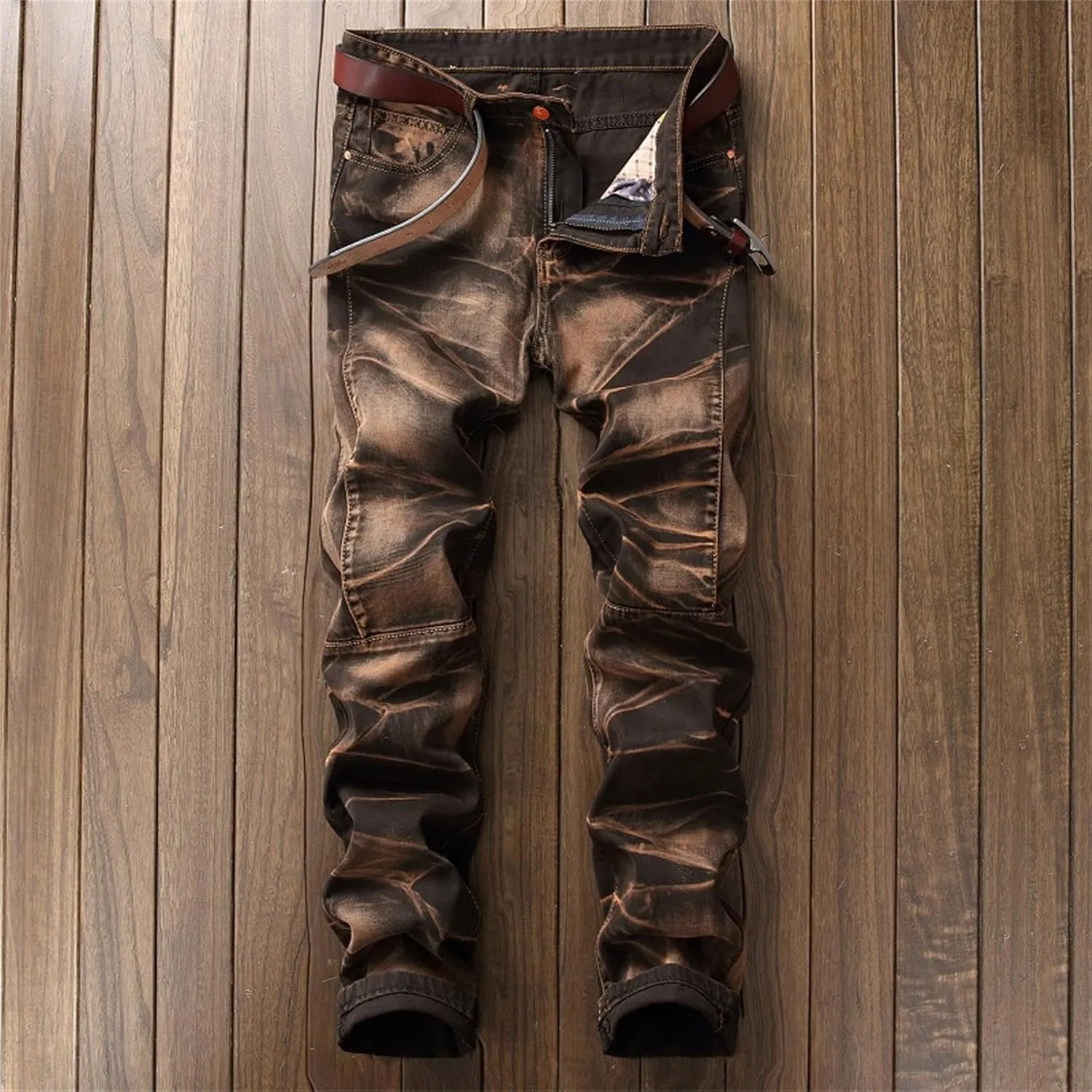 SUWBMHWE Men's Jeans, Mens Vintage Jeans Denim Folds Wash Work Patchwork Zipper Basic Pants