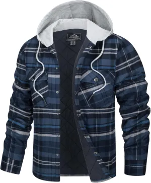 TACVASEN Mens Flannel Jacket with Hood Thick Plaid Flannel Shirts Quilted Lined Long Sleeve Winter Cotton Coat Button Down
