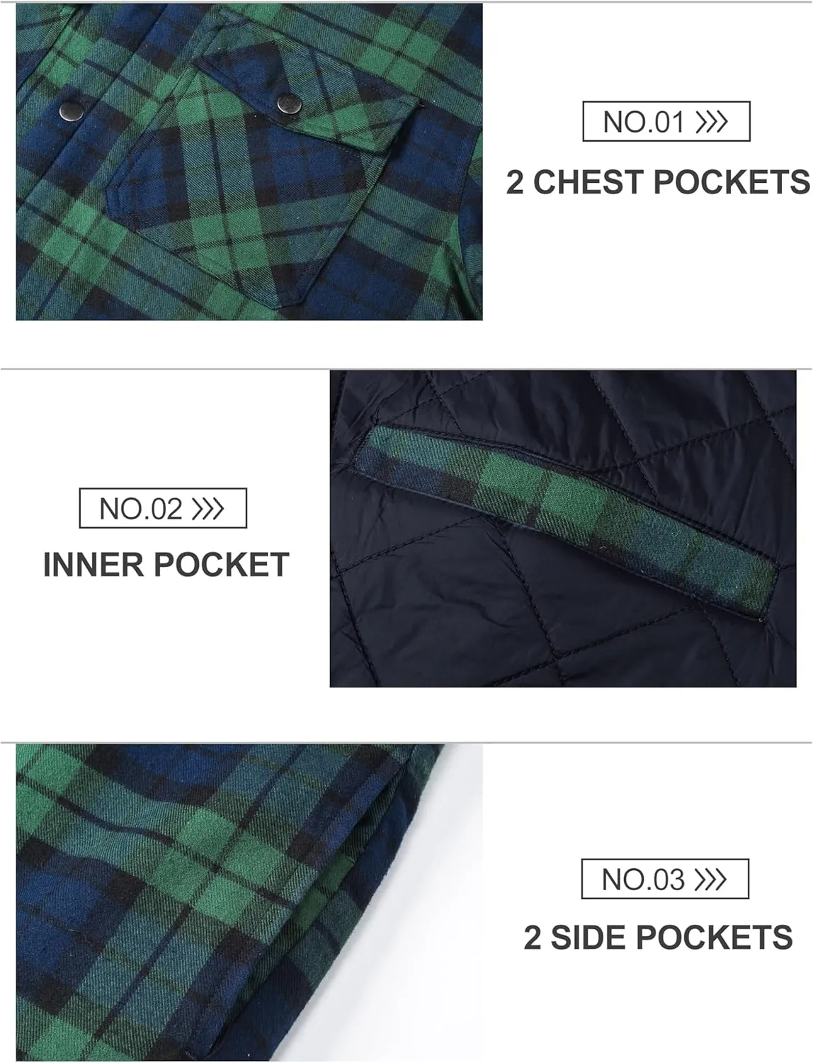 TACVASEN Mens Flannel Jacket with Hood Thick Plaid Flannel Shirts Quilted Lined Long Sleeve Winter Cotton Coat Button Down