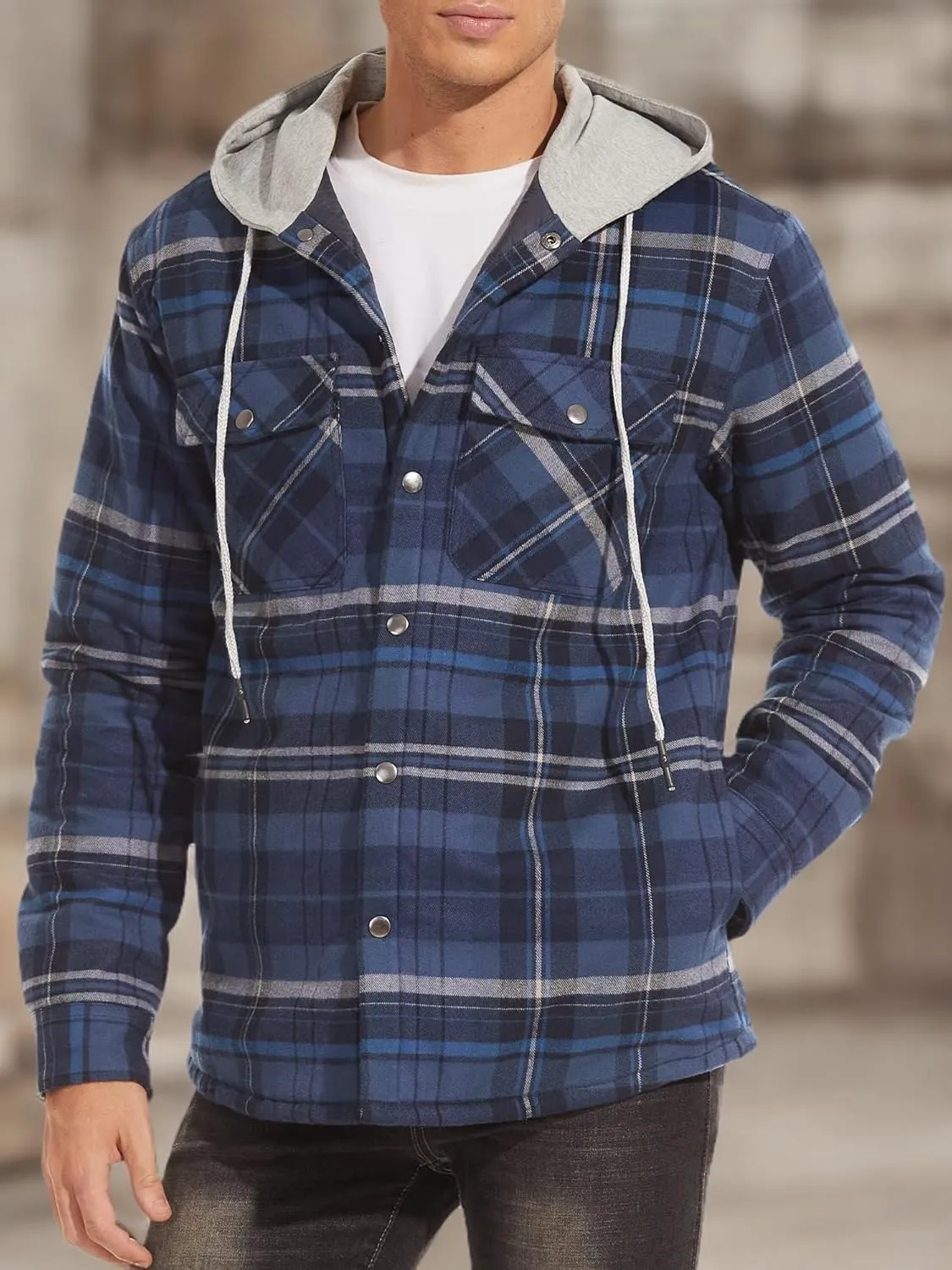 TACVASEN Mens Flannel Jacket with Hood Thick Plaid Flannel Shirts Quilted Lined Long Sleeve Winter Cotton Coat Button Down