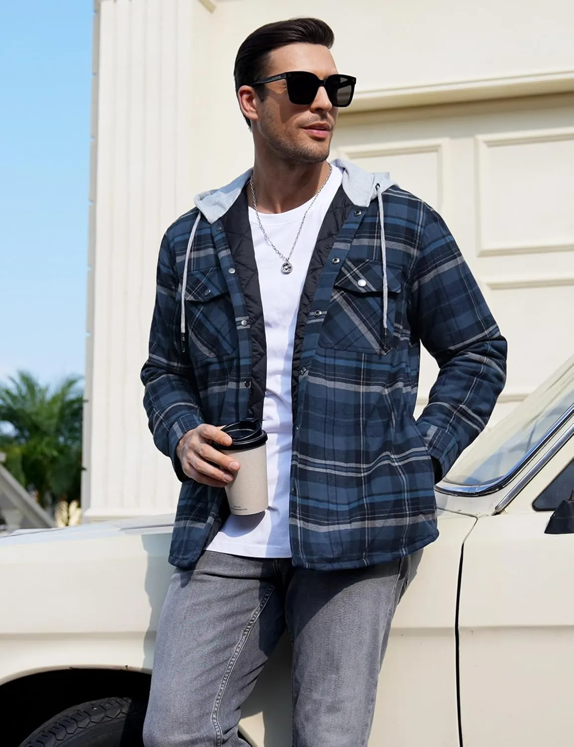 TACVASEN Mens Flannel Jacket with Hood Thick Plaid Flannel Shirts Quilted Lined Long Sleeve Winter Cotton Coat Button Down