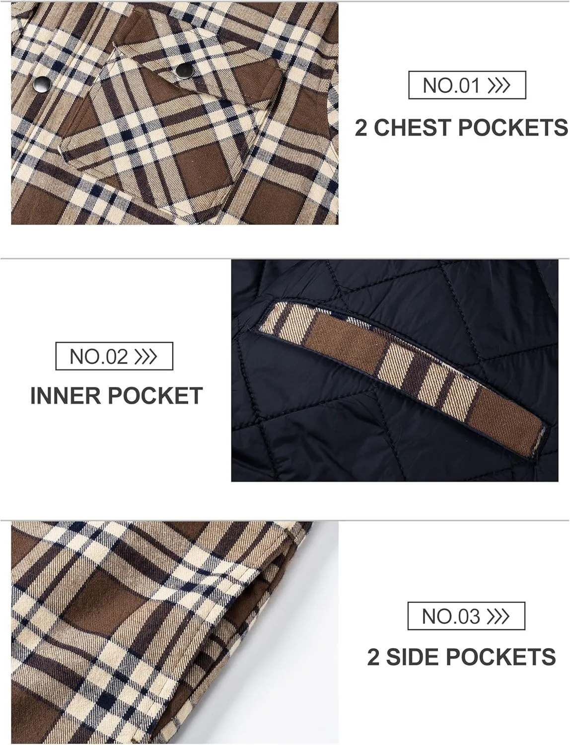 TACVASEN Mens Flannel Jacket with Hood Thick Plaid Flannel Shirts Quilted Lined Long Sleeve Winter Cotton Coat Button Down