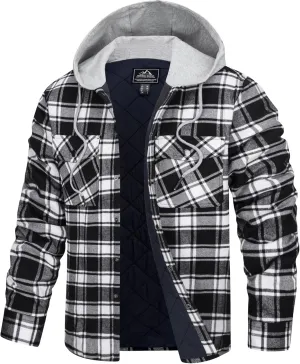 TACVASEN Mens Flannel Jacket with Hood Thick Plaid Flannel Shirts Quilted Lined Long Sleeve Winter Cotton Coat Button Down