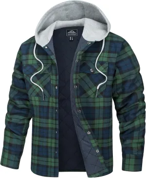 TACVASEN Mens Flannel Jacket with Hood Thick Plaid Flannel Shirts Quilted Lined Long Sleeve Winter Cotton Coat Button Down