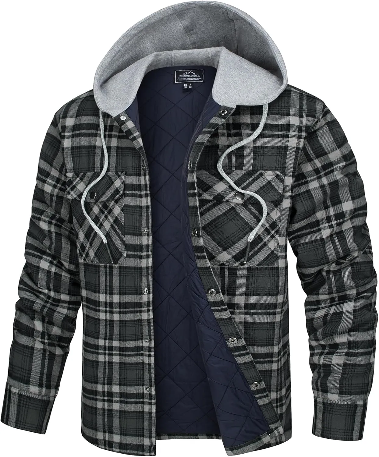 TACVASEN Mens Flannel Jacket with Hood Thick Plaid Flannel Shirts Quilted Lined Long Sleeve Winter Cotton Coat Button Down