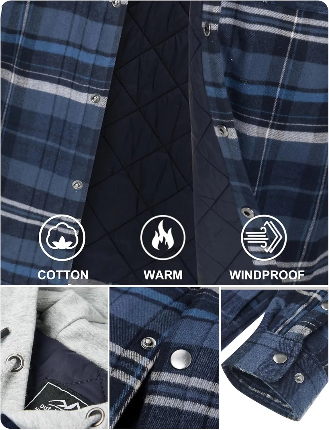 TACVASEN Mens Flannel Jacket with Hood Thick Plaid Flannel Shirts Quilted Lined Long Sleeve Winter Cotton Coat Button Down