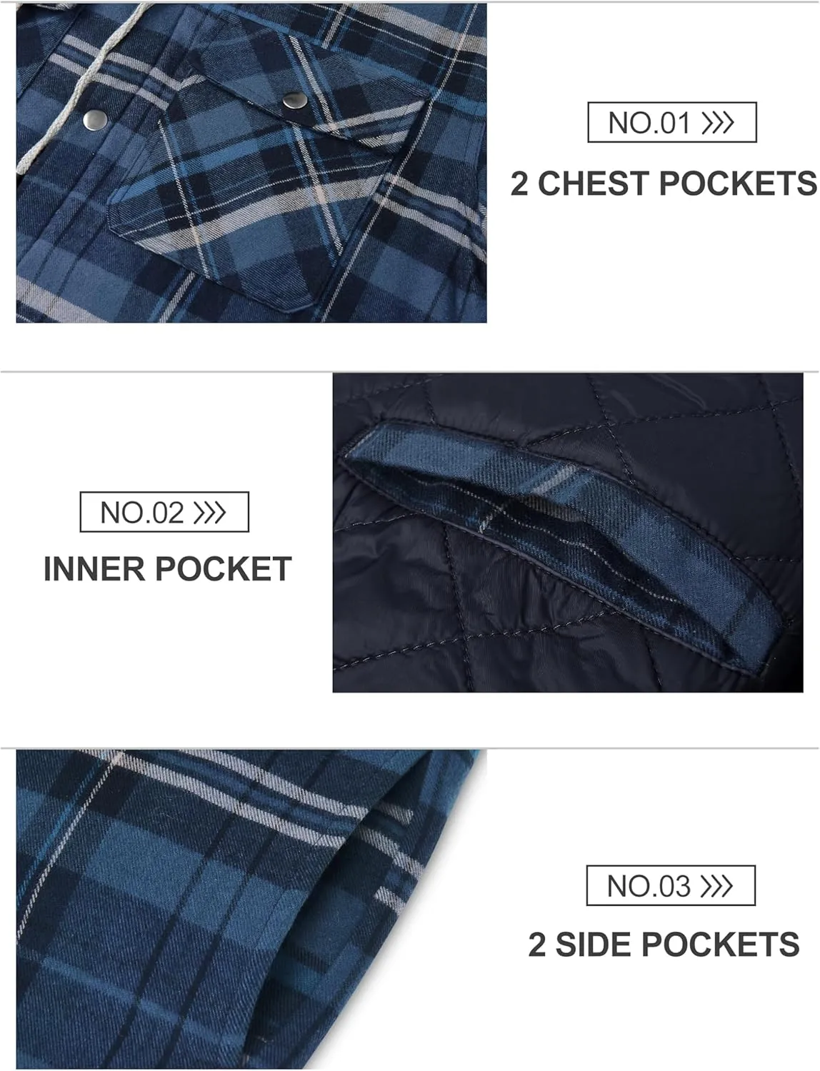 TACVASEN Mens Flannel Jacket with Hood Thick Plaid Flannel Shirts Quilted Lined Long Sleeve Winter Cotton Coat Button Down