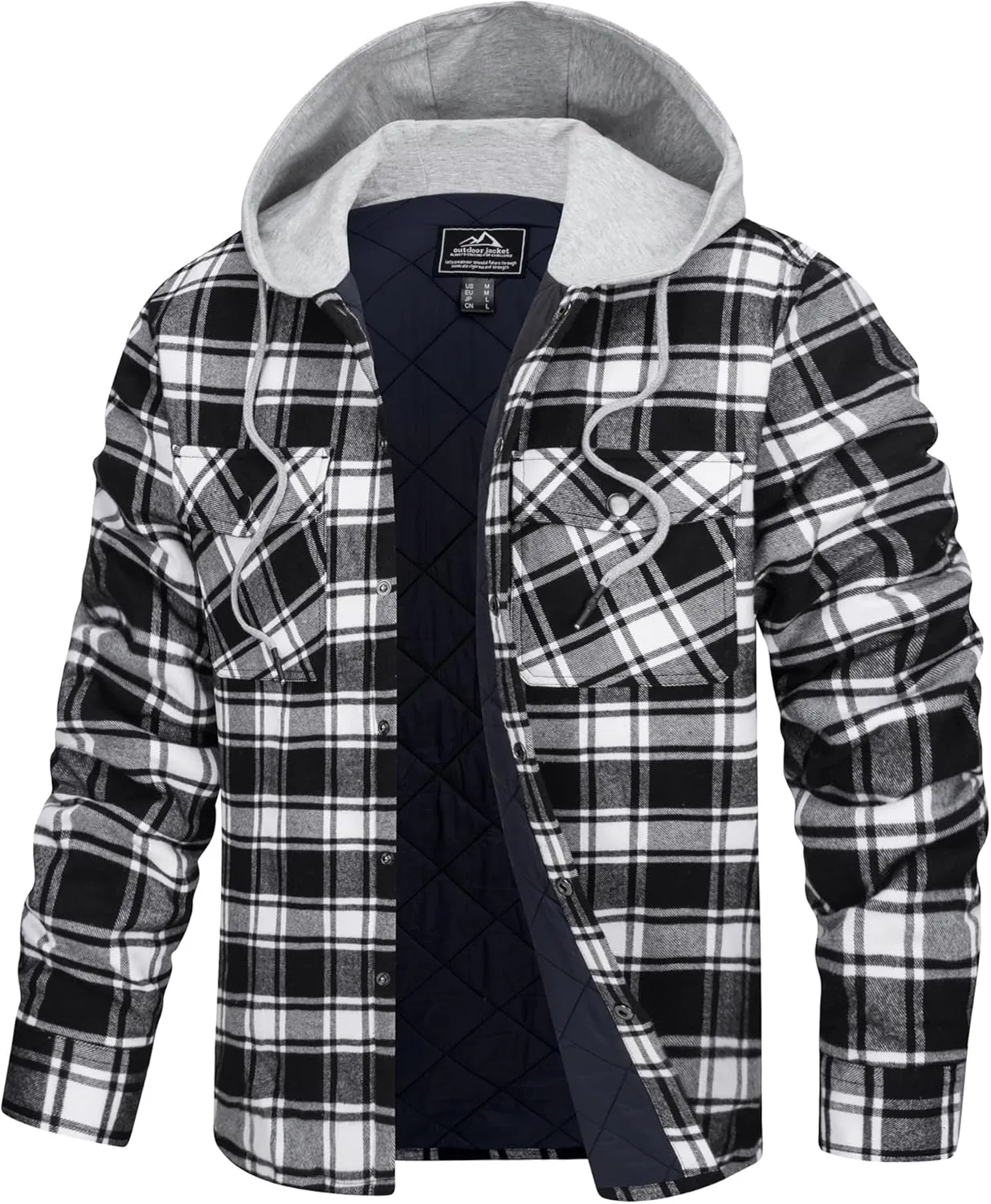 TACVASEN Mens Flannel Jacket with Hood Thick Plaid Flannel Shirts Quilted Lined Long Sleeve Winter Cotton Coat Button Down