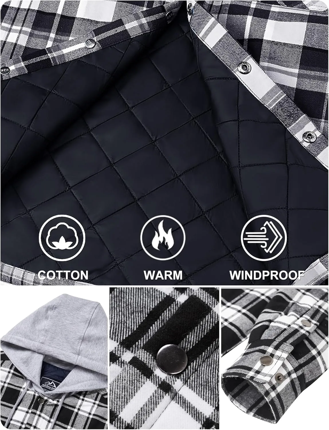 TACVASEN Mens Flannel Jacket with Hood Thick Plaid Flannel Shirts Quilted Lined Long Sleeve Winter Cotton Coat Button Down