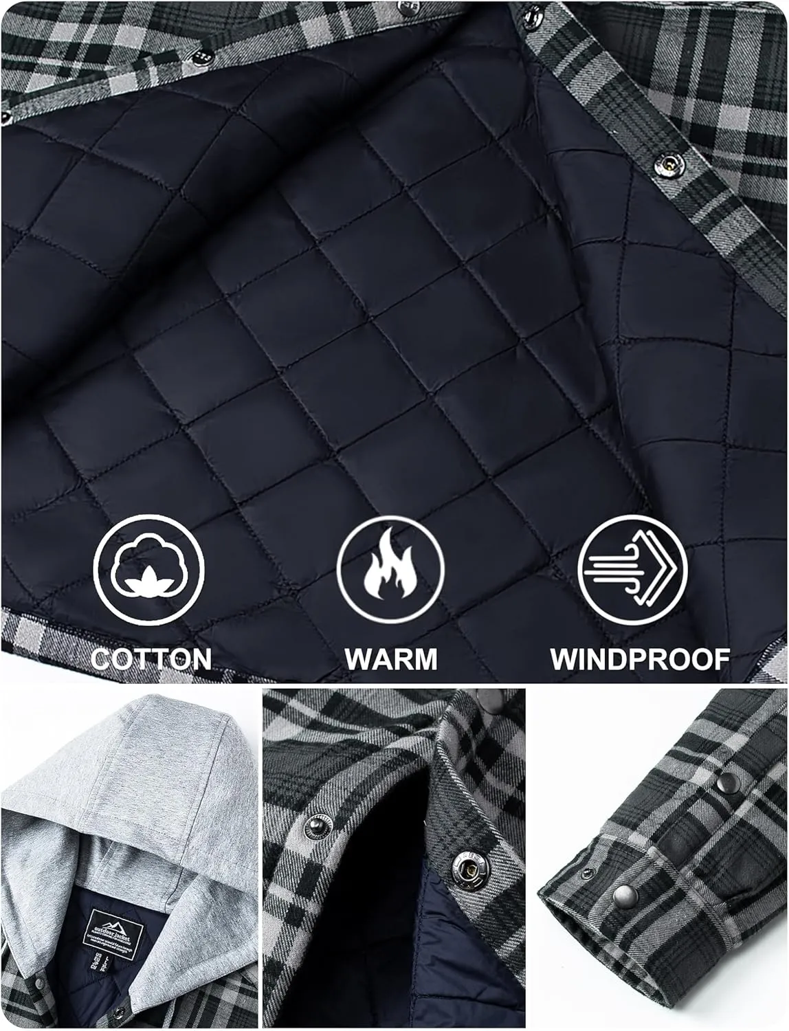 TACVASEN Mens Flannel Jacket with Hood Thick Plaid Flannel Shirts Quilted Lined Long Sleeve Winter Cotton Coat Button Down