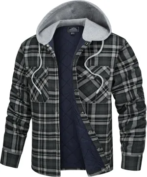 TACVASEN Mens Flannel Jacket with Hood Thick Plaid Flannel Shirts Quilted Lined Long Sleeve Winter Cotton Coat Button Down