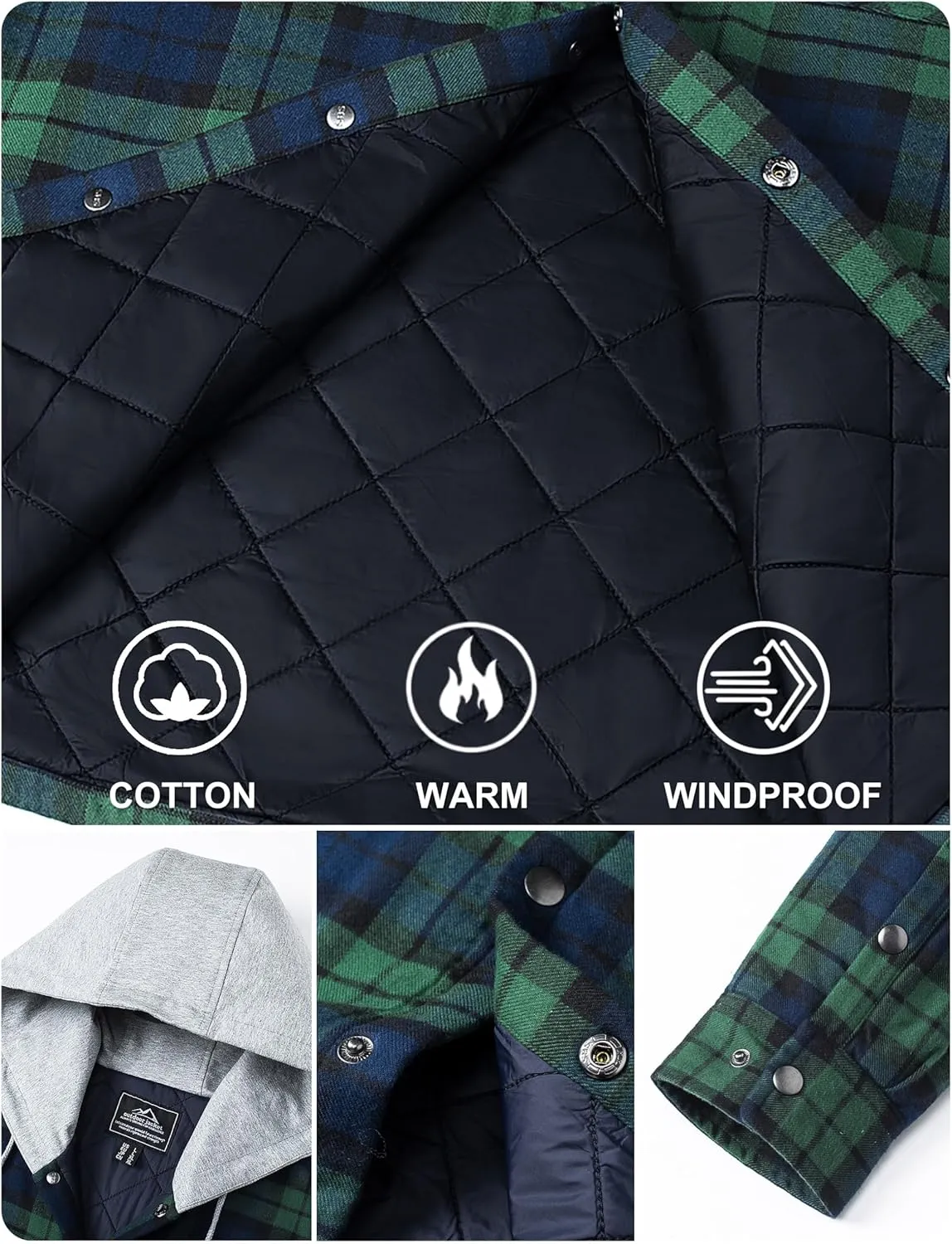 TACVASEN Mens Flannel Jacket with Hood Thick Plaid Flannel Shirts Quilted Lined Long Sleeve Winter Cotton Coat Button Down