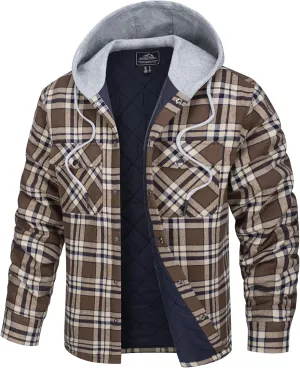 TACVASEN Mens Flannel Jacket with Hood Thick Plaid Flannel Shirts Quilted Lined Long Sleeve Winter Cotton Coat Button Down