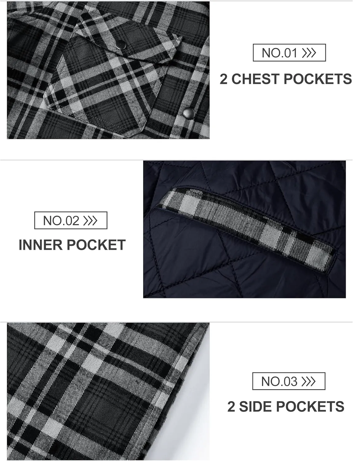 TACVASEN Mens Flannel Jacket with Hood Thick Plaid Flannel Shirts Quilted Lined Long Sleeve Winter Cotton Coat Button Down