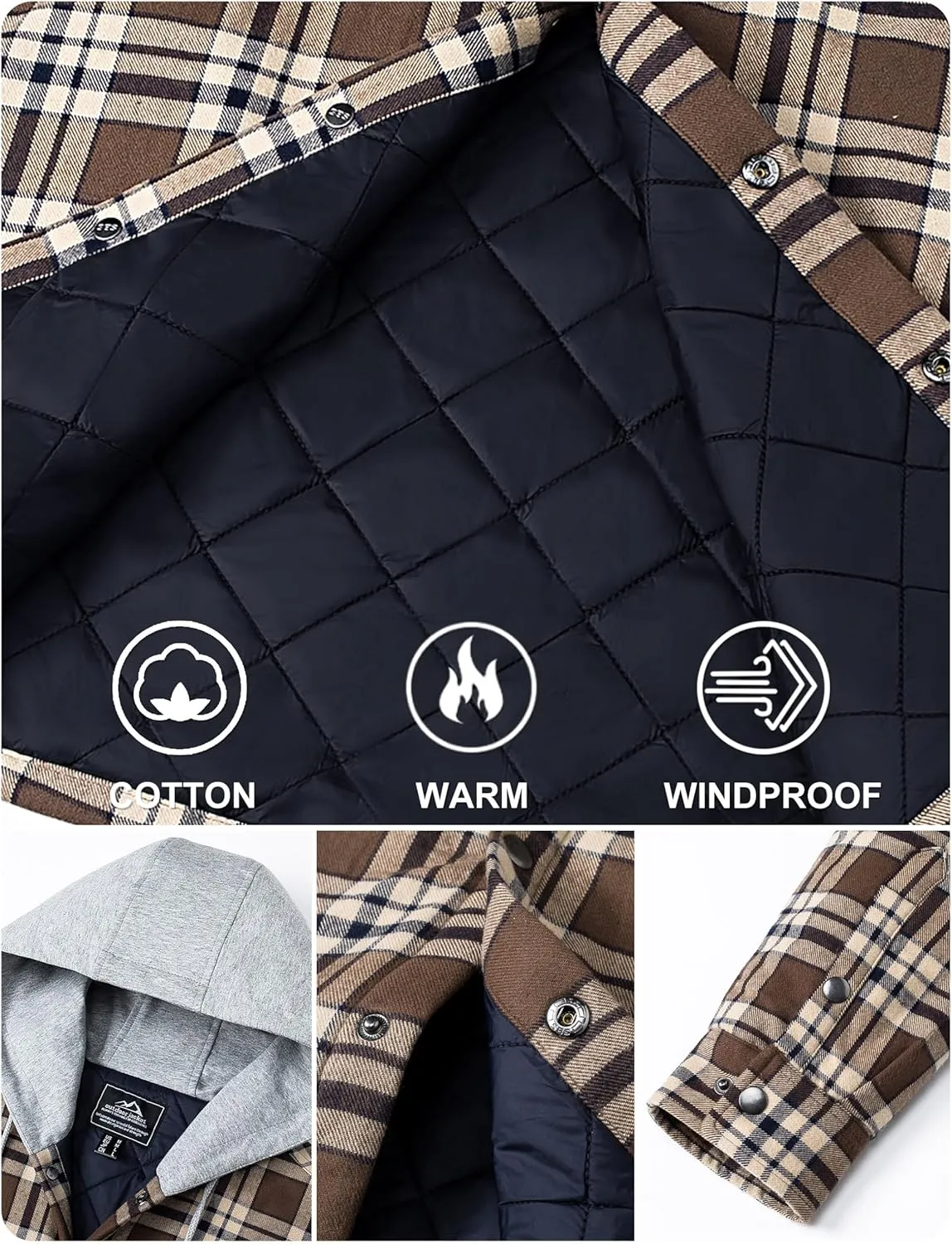 TACVASEN Mens Flannel Jacket with Hood Thick Plaid Flannel Shirts Quilted Lined Long Sleeve Winter Cotton Coat Button Down