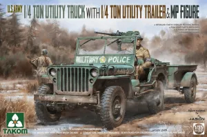 Takom 2126 U.S. 1/4 Ton Utility Truck w/ 1/4 Ton Utility Trailer & MP Figure 1/35 Model Kit
