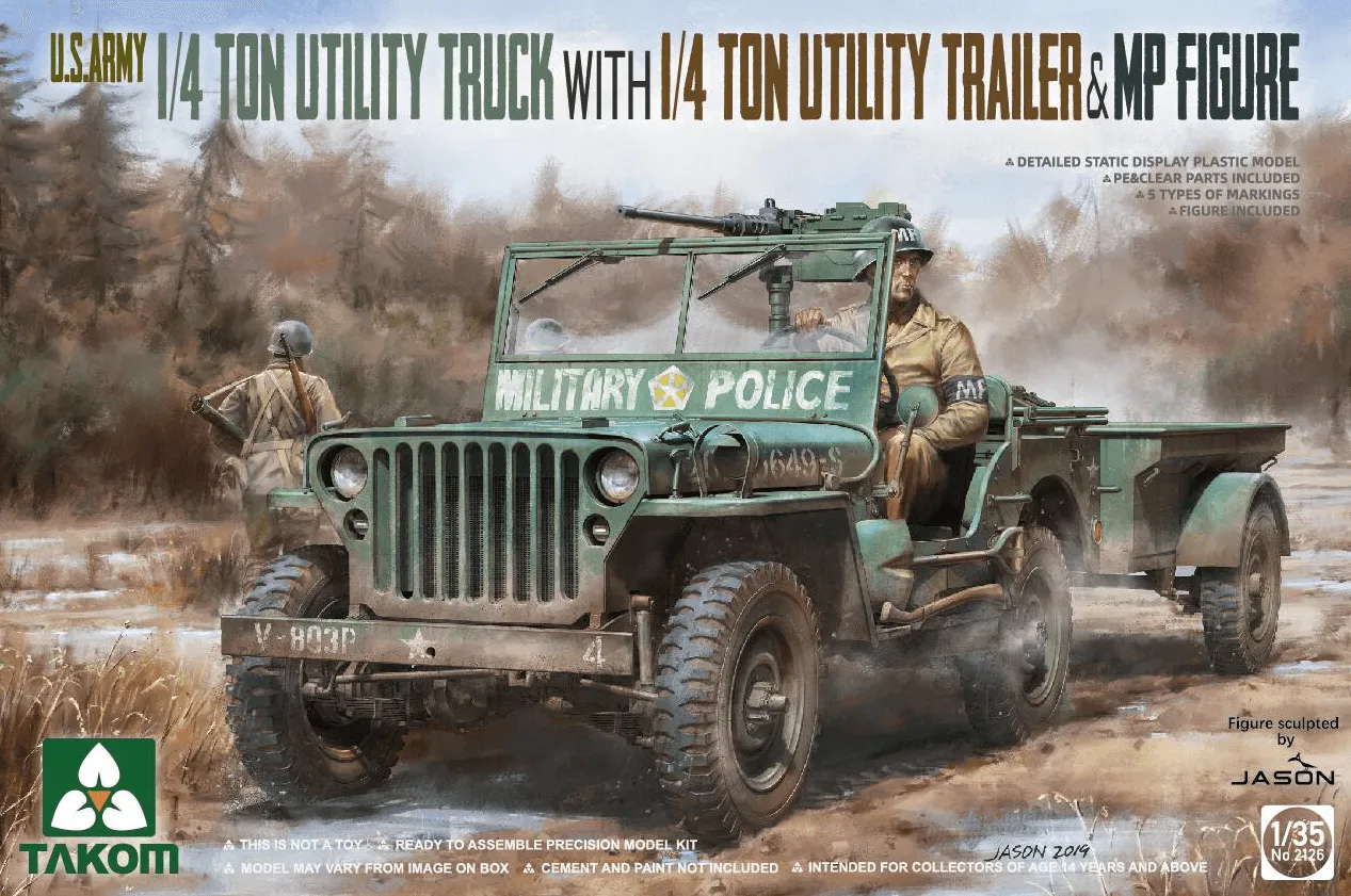 Takom 2126 U.S. 1/4 Ton Utility Truck w/ 1/4 Ton Utility Trailer & MP Figure 1/35 Model Kit