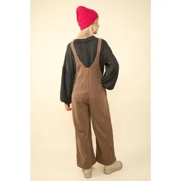 Taupe Soft Corduroy Straight Leg Overall Jumpsuit