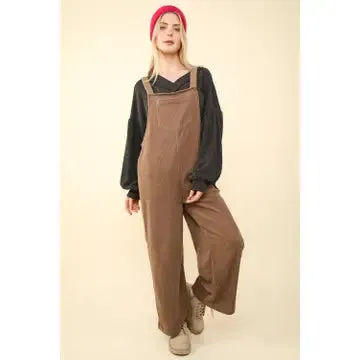 Taupe Soft Corduroy Straight Leg Overall Jumpsuit